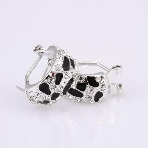 FAIRY COUPLE 18K White Gold Plated Bold Half Hoop Earrings for Women, Hand-Applied Black Enamel Panther Motif J-Hoops with Sparkling CZ, Luxury Statement Jewelry with Secure Omega Back E518 in Kuwait