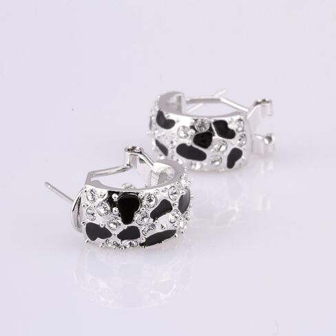 FAIRY COUPLE 18K White Gold Plated Bold Half Hoop Earrings for Women, Hand-Applied Black Enamel Panther Motif J-Hoops with Sparkling CZ, Luxury Statement Jewelry with Secure Omega Back E518 in Kuwait