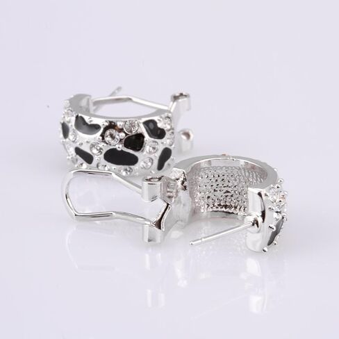 FAIRY COUPLE 18K White Gold Plated Bold Half Hoop Earrings for Women, Hand-Applied Black Enamel Panther Motif J-Hoops with Sparkling CZ, Luxury Statement Jewelry with Secure Omega Back E518 in Kuwait