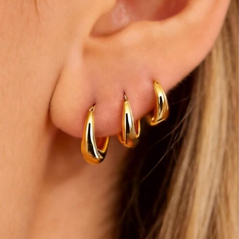 3 Pairs Gold Hoop Earrings Set for Women, 10mm 12mm 14mm Chunky Huggie Earrings, 14K Gold Plated Stainless Steel Trendy Everyday Jewelry Gift in Saudi Arabia