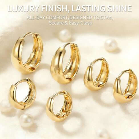 3 Pairs Gold Hoop Earrings Set for Women, 10mm 12mm 14mm Chunky Huggie Earrings, 14K Gold Plated Stainless Steel Trendy Everyday Jewelry Gift in Saudi Arabia