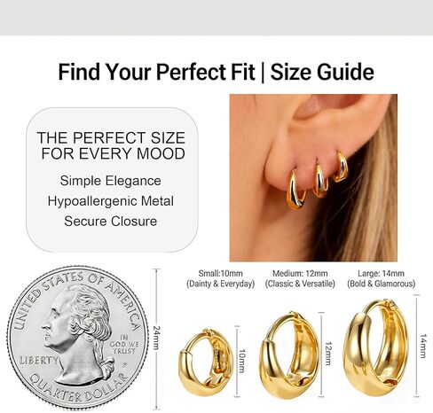3 Pairs Gold Hoop Earrings Set for Women, 10mm 12mm 14mm Chunky Huggie Earrings, 14K Gold Plated Stainless Steel Trendy Everyday Jewelry Gift in Saudi Arabia