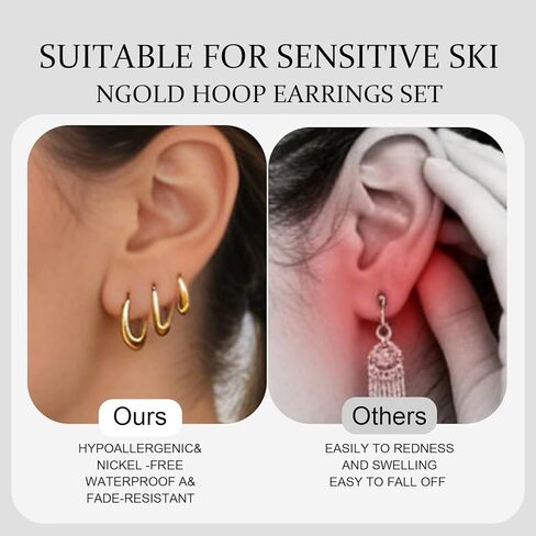 3 Pairs Gold Hoop Earrings Set for Women, 10mm 12mm 14mm Chunky Huggie Earrings, 14K Gold Plated Stainless Steel Trendy Everyday Jewelry Gift in Saudi Arabia