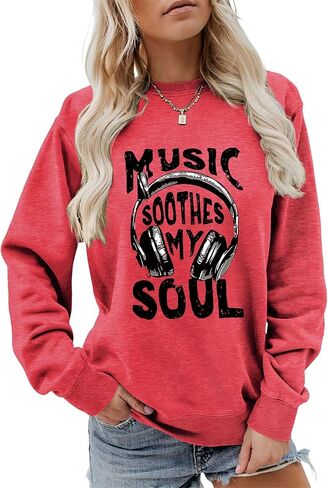المرأة الموسيقى البلسم روحي البلوز مضحك سماعة الرسم السترة البلد حفلة موسيقية عادية Crewneck LongSleeve الأعلى in Kuwait