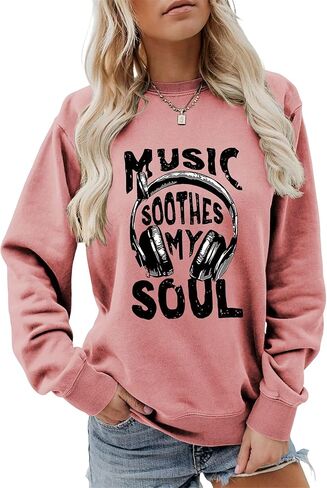 المرأة الموسيقى البلسم روحي البلوز مضحك سماعة الرسم السترة البلد حفلة موسيقية عادية Crewneck LongSleeve الأعلى in Kuwait