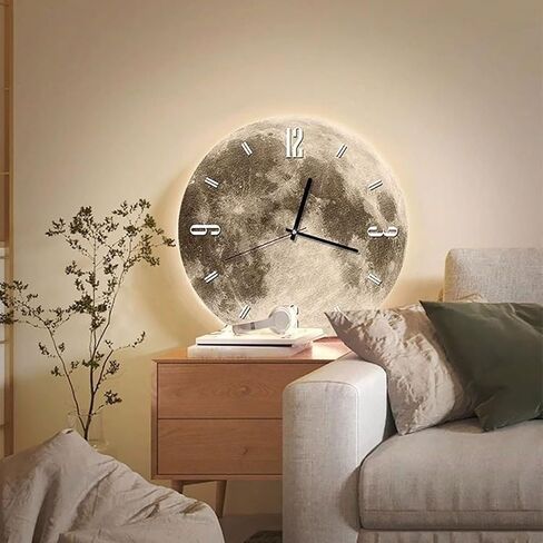 20" 3D Moon Wall Clock with Dimmable LED Backlight, Modern Silent Non-Ticking Crystal Porcelain Decor, Ambient Night Light for Bedroom, Living Room & Kids Room (White Numbers) in Saudi Arabia