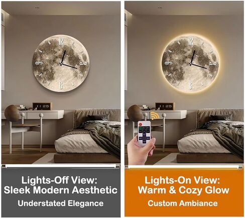 20" 3D Moon Wall Clock with Dimmable LED Backlight, Modern Silent Non-Ticking Crystal Porcelain Decor, Ambient Night Light for Bedroom, Living Room & Kids Room (White Numbers) in Saudi Arabia