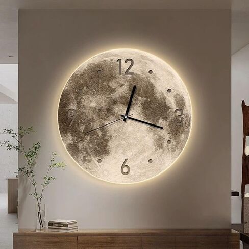 20" 3D Moon Wall Clock with Dimmable LED Backlight, Modern Silent Non-Ticking Crystal Porcelain Decor, Ambient Night Light for Bedroom, Living Room & Kids Room (White Numbers) in Saudi Arabia