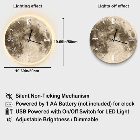 20" 3D Moon Wall Clock with Dimmable LED Backlight, Modern Silent Non-Ticking Crystal Porcelain Decor, Ambient Night Light for Bedroom, Living Room & Kids Room (White Numbers) in Saudi Arabia