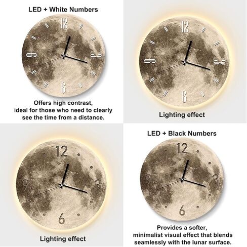 20" 3D Moon Wall Clock with Dimmable LED Backlight, Modern Silent Non-Ticking Crystal Porcelain Decor, Ambient Night Light for Bedroom, Living Room & Kids Room (White Numbers) in Saudi Arabia