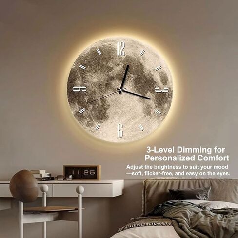 20" 3D Moon Wall Clock with Dimmable LED Backlight, Modern Silent Non-Ticking Crystal Porcelain Decor, Ambient Night Light for Bedroom, Living Room & Kids Room (White Numbers) in Saudi Arabia