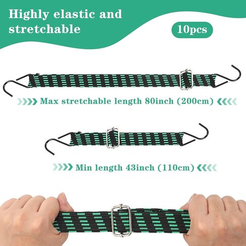 10 عبوات من حبال بنجي شديدة التحمل مع خطافات، 43.3-78.74 بوصة، أشرطة بنجي طويلة مسطحة قابلة للتعديل، لونين من الأشرطة المرنة لتأمين البضائع والأمتعة والأقمشة ومعدات التخييم in Kuwait