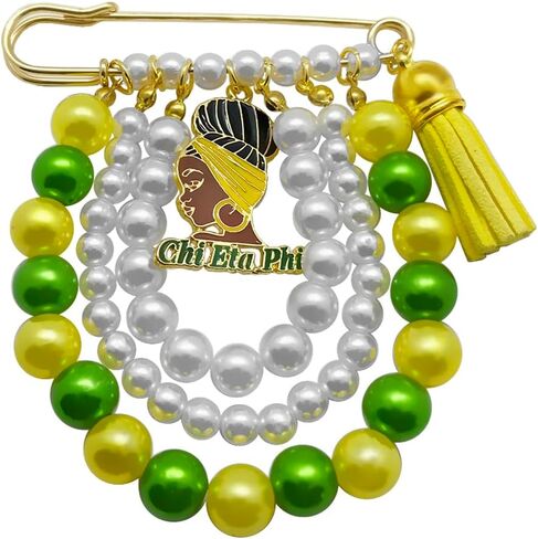 CHI ETA PHI Sorority Jewelry With Imitation Pearls And Tassels Enamel Letter Girl Charms Brooch Yellow Green Beads Chain Pin For Women Sisterhood in Kuwait