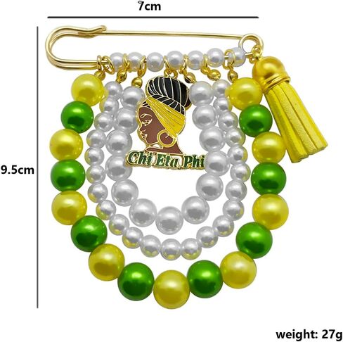 CHI ETA PHI Sorority Jewelry With Imitation Pearls And Tassels Enamel Letter Girl Charms Brooch Yellow Green Beads Chain Pin For Women Sisterhood in Kuwait
