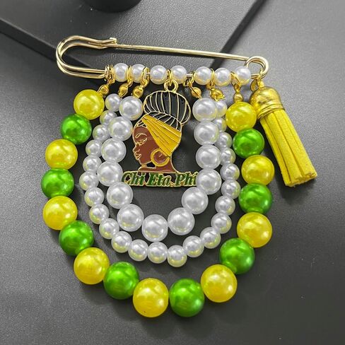 CHI ETA PHI Sorority Jewelry With Imitation Pearls And Tassels Enamel Letter Girl Charms Brooch Yellow Green Beads Chain Pin For Women Sisterhood in Kuwait