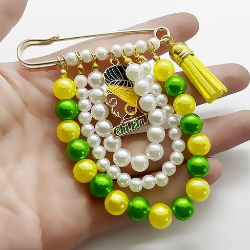 CHI ETA PHI Sorority Jewelry With Imitation Pearls And Tassels Enamel Letter Girl Charms Brooch Yellow Green Beads Chain Pin For Women Sisterhood in Kuwait