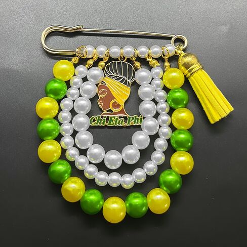 CHI ETA PHI Sorority Jewelry With Imitation Pearls And Tassels Enamel Letter Girl Charms Brooch Yellow Green Beads Chain Pin For Women Sisterhood in Kuwait