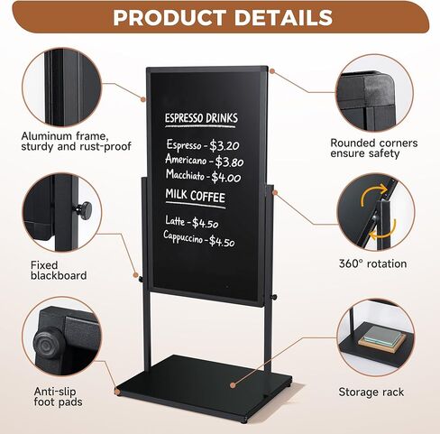 SELEAD 20"x45" Magnetic Aluminum Frame Chalkboard with Metal Floor Stand - 360° Reversible Double-Sided Chalk Board Heavy-Duty Indoor Outdoor Sign Board for Menu, Business, Cafe, Home Office in Kuwait