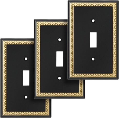 Pearled Frame Decorative Wall Plate Switch Plate Outlet Cover (Single Toggle 2PK, Black & Dark Golden) in Saudi Arabia
