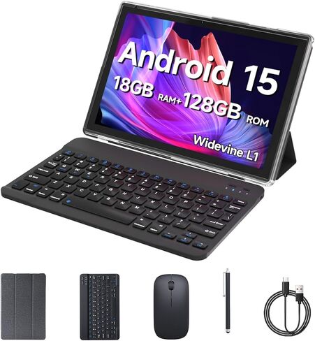 Android 15 Tablet, 10 inch 2 in 1 Tablets with Keyboard, 18GB RAM 128GB ROM 2TB Expand, Quad-Core 2.0Ghz CPU, 5G WiFi 6, BT5.0, 1280x800 HD Touchscreen, 6000mAh, Widevine L1, Google Tablet, Pink in Kuwait