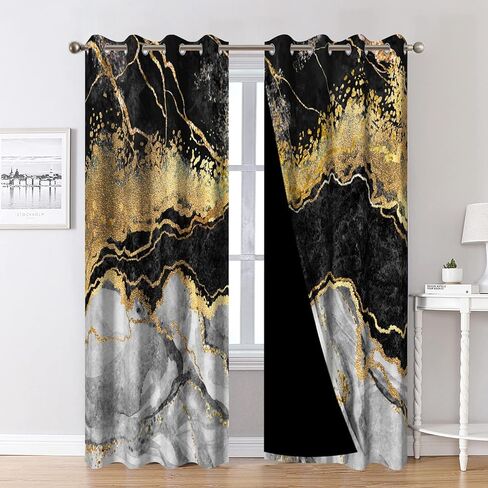 Black Gold Marble Blackout Curtains for Bedroom Living Room Thermal Insulation Marble Window Curtain 2 Panels Stainless Silver Grommets Room Darkening Drapes 42x84inch in Saudi Arabia