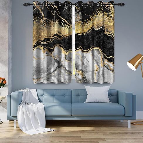 Black Gold Marble Blackout Curtains for Bedroom Living Room Thermal Insulation Marble Window Curtain 2 Panels Stainless Silver Grommets Room Darkening Drapes 42x84inch in Saudi Arabia