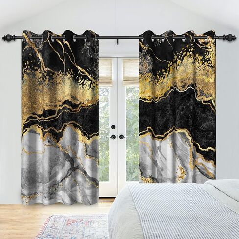 Black Gold Marble Blackout Curtains for Bedroom Living Room Thermal Insulation Marble Window Curtain 2 Panels Stainless Silver Grommets Room Darkening Drapes 42x84inch in Saudi Arabia