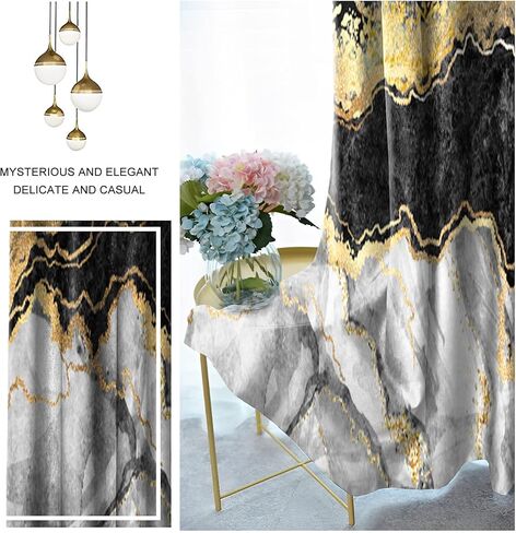 Black Gold Marble Blackout Curtains for Bedroom Living Room Thermal Insulation Marble Window Curtain 2 Panels Stainless Silver Grommets Room Darkening Drapes 42x84inch in Saudi Arabia