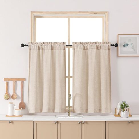 Chyhomenyc Chenille Velvet Kitchen Curtains 30 Inch Length - Light Filtering Short Window Curtains, Small Half Curtain Panels for Bathroom Basement Cabinet, 30Wx30L Inch, 2 Panels, Linen Color in Kuwait