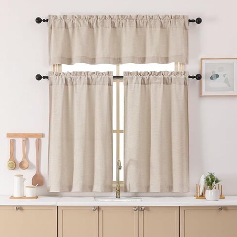 Chyhomenyc Chenille Velvet Kitchen Curtains 30 Inch Length - Light Filtering Short Window Curtains, Small Half Curtain Panels for Bathroom Basement Cabinet, 30Wx30L Inch, 2 Panels, Linen Color in Kuwait