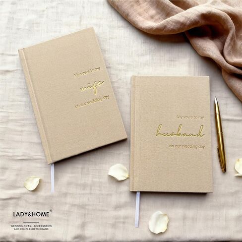 LADY&HOME Wedding Vow Books His and Hers, Linen Hardcover Gold Foil Vow Books for Ceremony, Wedding Must Haves, Wedding Registry Ideas, His and Her Gifts (Beige) in Kuwait