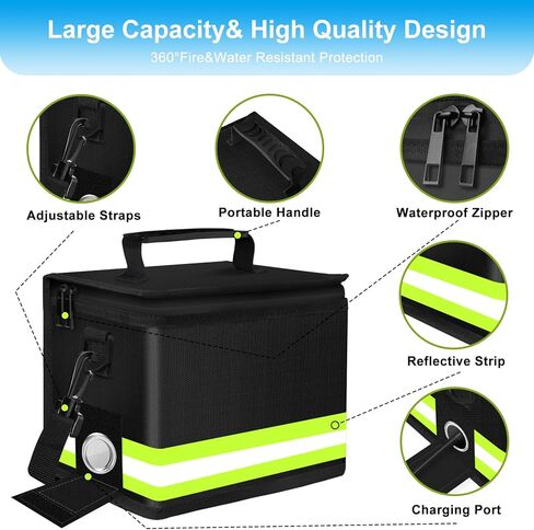 Lipo Safe Bag 8.6 x 5.8 x 6.6 inch,Lithium Battery Bag Fire Proof with Zipper/Reflective Strip/Handle,5 Layers of Heat Insulated Materials,Fireproof and Explosionproof,for Charge and Storage in Saudi Arabia