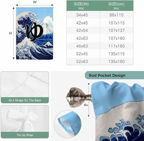 Oceans Waves Tie Up Curtains for Window, Mountain Peaks Cloudy Japanese Art Thermal Insulated Balloon Shade Adjustable Rod Pocket Curtains Valance Panels for Kitchen Bathroom Café 42'' x 45'' in Saudi Arabia