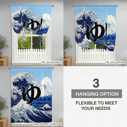 Oceans Waves Tie Up Curtains for Window, Mountain Peaks Cloudy Japanese Art Thermal Insulated Balloon Shade Adjustable Rod Pocket Curtains Valance Panels for Kitchen Bathroom Café 42'' x 45'' in Saudi Arabia