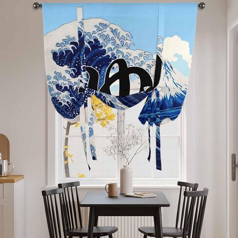 Oceans Waves Tie Up Curtains for Window, Mountain Peaks Cloudy Japanese Art Thermal Insulated Balloon Shade Adjustable Rod Pocket Curtains Valance Panels for Kitchen Bathroom Café 42'' x 45'' in Saudi Arabia