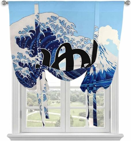 Oceans Waves Tie Up Curtains for Window, Mountain Peaks Cloudy Japanese Art Thermal Insulated Balloon Shade Adjustable Rod Pocket Curtains Valance Panels for Kitchen Bathroom Café 42'' x 45'' in Saudi Arabia