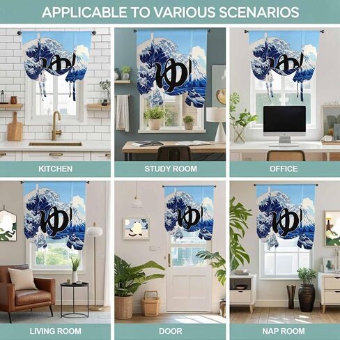 Oceans Waves Tie Up Curtains for Window, Mountain Peaks Cloudy Japanese Art Thermal Insulated Balloon Shade Adjustable Rod Pocket Curtains Valance Panels for Kitchen Bathroom Café 42'' x 45'' in Saudi Arabia