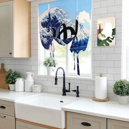 Oceans Waves Tie Up Curtains for Window, Mountain Peaks Cloudy Japanese Art Thermal Insulated Balloon Shade Adjustable Rod Pocket Curtains Valance Panels for Kitchen Bathroom Café 42'' x 45'' in Saudi Arabia
