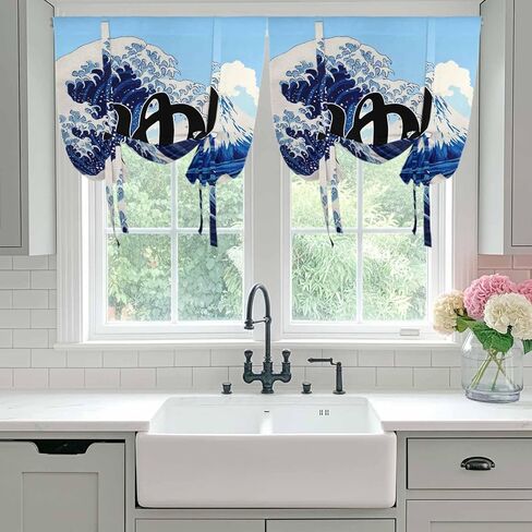 Oceans Waves Tie Up Curtains for Window, Mountain Peaks Cloudy Japanese Art Thermal Insulated Balloon Shade Adjustable Rod Pocket Curtains Valance Panels for Kitchen Bathroom Café 42'' x 45'' in Saudi Arabia