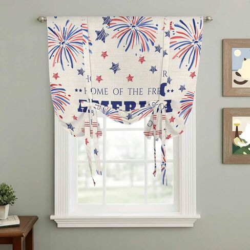 Independence Day Tie Up Curtains for Window, Blue Red Star Fireworks American Flag Thermal Insulated Balloon Shade Adjustable Rod Pocket Curtains Valance Panels for Kitchen Bathroom Café 42'' x 45'' in Saudi Arabia