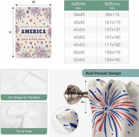 Independence Day Tie Up Curtains for Window, Blue Red Star Fireworks American Flag Thermal Insulated Balloon Shade Adjustable Rod Pocket Curtains Valance Panels for Kitchen Bathroom Café 42'' x 45'' in Saudi Arabia