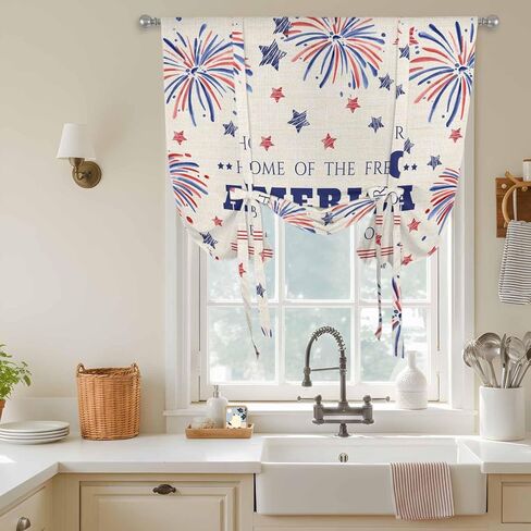 Independence Day Tie Up Curtains for Window, Blue Red Star Fireworks American Flag Thermal Insulated Balloon Shade Adjustable Rod Pocket Curtains Valance Panels for Kitchen Bathroom Café 42'' x 45'' in Saudi Arabia