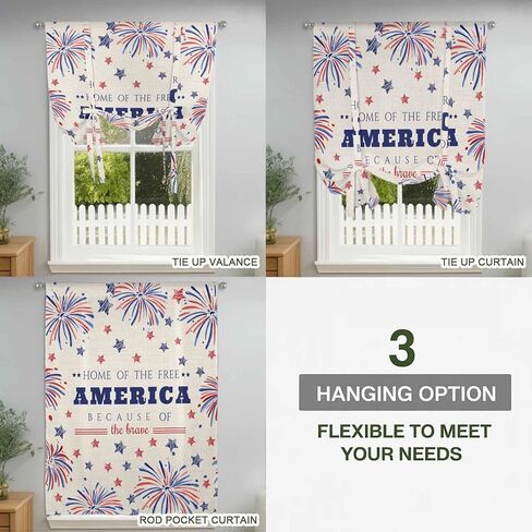 Independence Day Tie Up Curtains for Window, Blue Red Star Fireworks American Flag Thermal Insulated Balloon Shade Adjustable Rod Pocket Curtains Valance Panels for Kitchen Bathroom Café 42'' x 45'' in Saudi Arabia