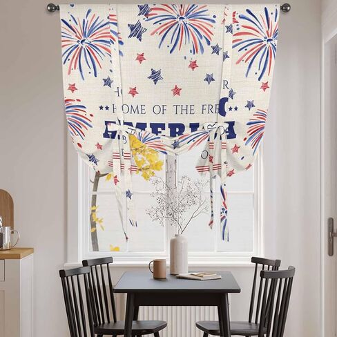 Independence Day Tie Up Curtains for Window, Blue Red Star Fireworks American Flag Thermal Insulated Balloon Shade Adjustable Rod Pocket Curtains Valance Panels for Kitchen Bathroom Café 42'' x 45'' in Saudi Arabia