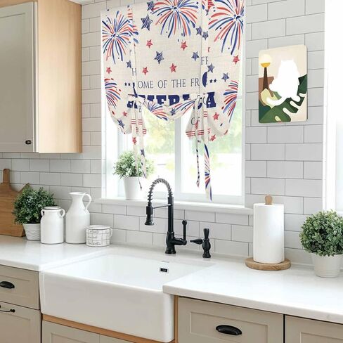 Independence Day Tie Up Curtains for Window, Blue Red Star Fireworks American Flag Thermal Insulated Balloon Shade Adjustable Rod Pocket Curtains Valance Panels for Kitchen Bathroom Café 42'' x 45'' in Saudi Arabia