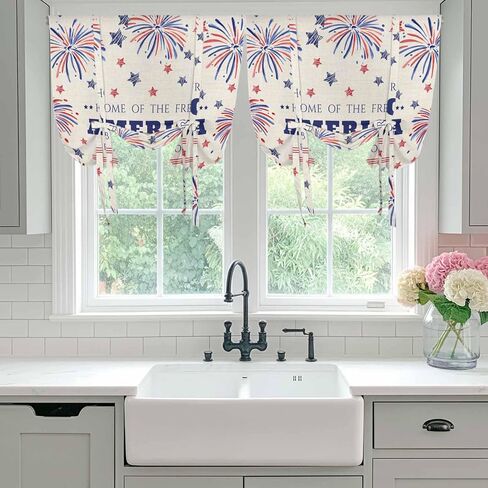 Independence Day Tie Up Curtains for Window, Blue Red Star Fireworks American Flag Thermal Insulated Balloon Shade Adjustable Rod Pocket Curtains Valance Panels for Kitchen Bathroom Café 42'' x 45'' in Saudi Arabia
