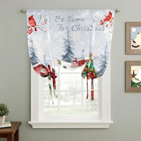 Christmas Tie Up Curtains for Window, Snowman Gnomes Cardinal Red Truck Barn Snow Thermal Insulated Balloon Shade Adjustable Rod Pocket Curtains Valance Panels for Kitchen Bathroom Café 42'' x 45'' in Saudi Arabia