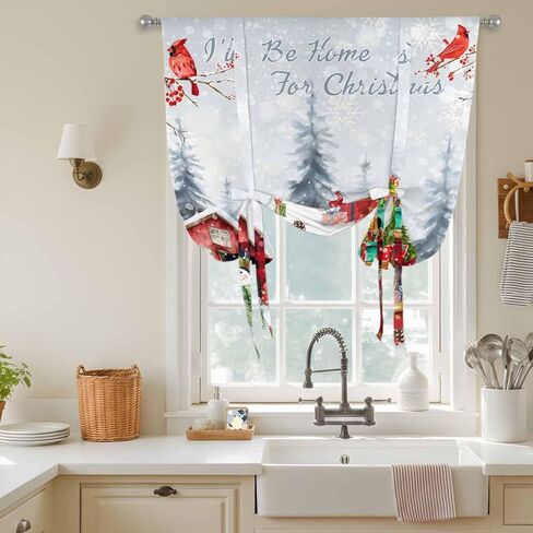 Christmas Tie Up Curtains for Window, Snowman Gnomes Cardinal Red Truck Barn Snow Thermal Insulated Balloon Shade Adjustable Rod Pocket Curtains Valance Panels for Kitchen Bathroom Café 42'' x 45'' in Saudi Arabia