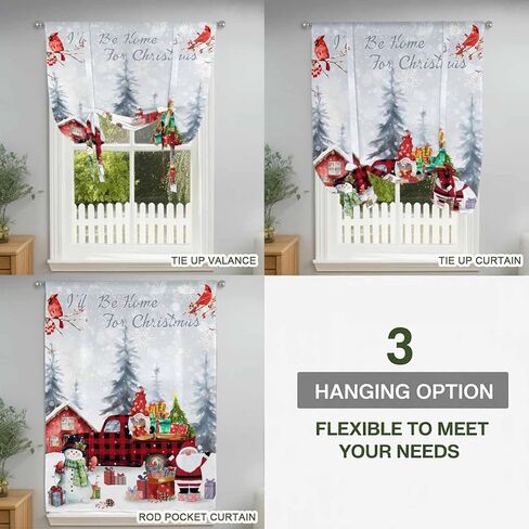 Christmas Tie Up Curtains for Window, Snowman Gnomes Cardinal Red Truck Barn Snow Thermal Insulated Balloon Shade Adjustable Rod Pocket Curtains Valance Panels for Kitchen Bathroom Café 42'' x 45'' in Saudi Arabia