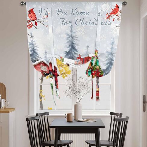 Christmas Tie Up Curtains for Window, Snowman Gnomes Cardinal Red Truck Barn Snow Thermal Insulated Balloon Shade Adjustable Rod Pocket Curtains Valance Panels for Kitchen Bathroom Café 42'' x 45'' in Saudi Arabia